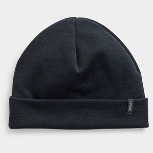 Minimalist black unisex fine knit merino wool blend tuque hat beanie NWT